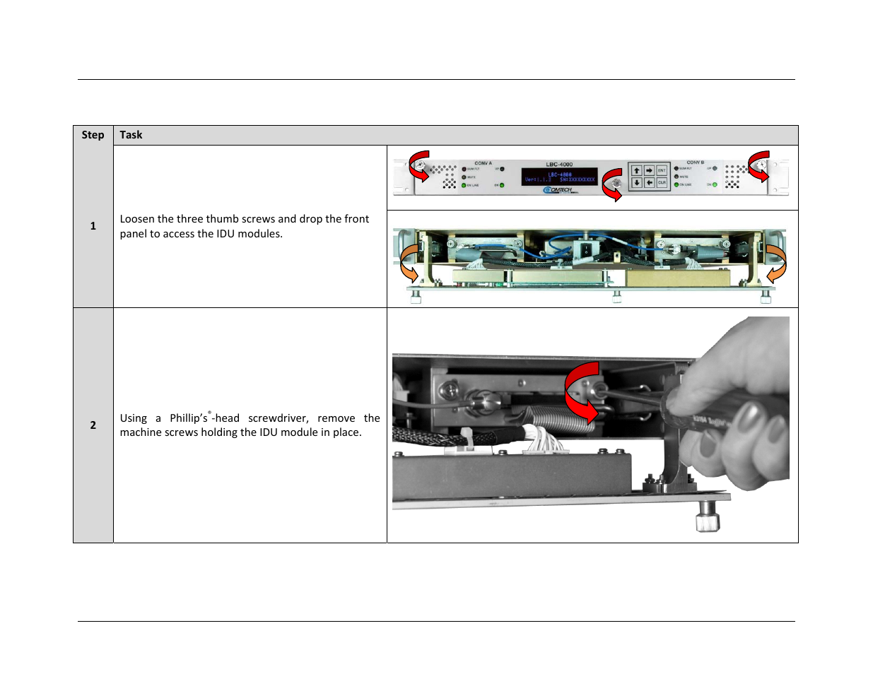 A.2 idu module removal procedure | Comtech EF Data LBC-4000 User Manual | Page 92 / 108