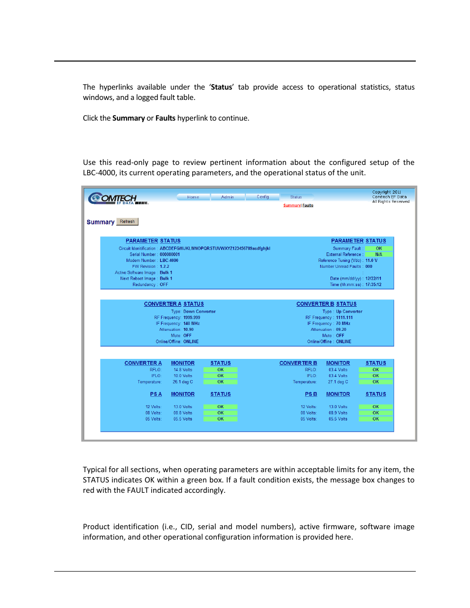 1 status | summary | Comtech EF Data LBC-4000 User Manual | Page 100 / 142