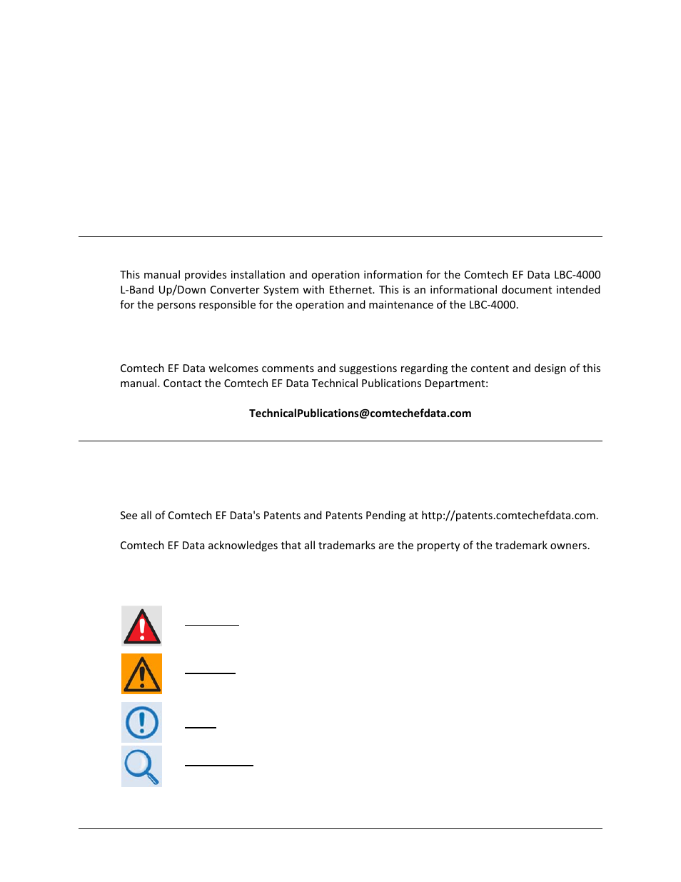 Preface, About this manual, Conventions and references | Patents and trademarks, Warnings, cautions, and notes | Comtech EF Data LBC-4000 User Manual | Page 11 / 142