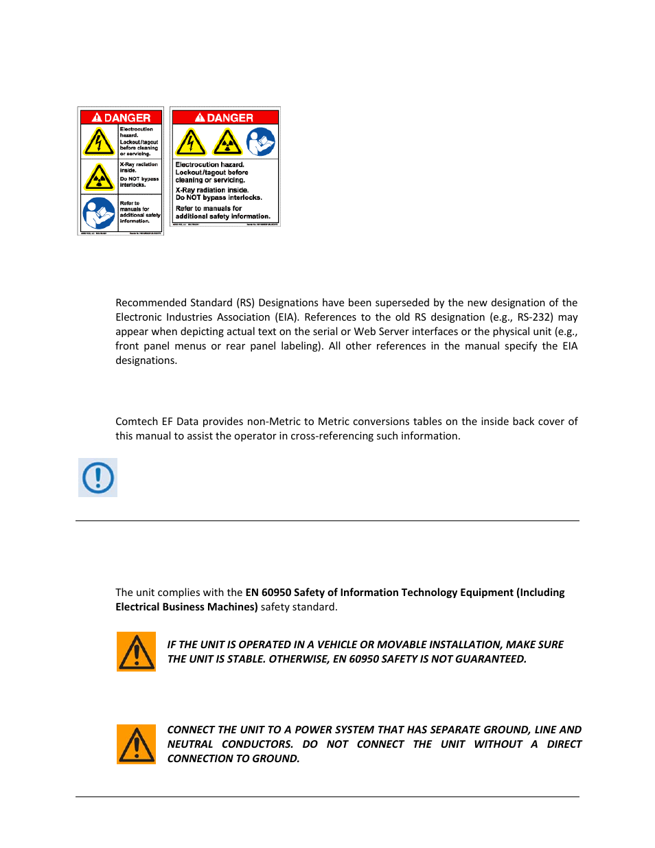 Examples of multi-hazard notices, Recommended standard designations, Metric conversion | Safety and compliance, Electrical safety and compliance, Electrical installation | Comtech EF Data LBC-4000 User Manual | Page 12 / 142