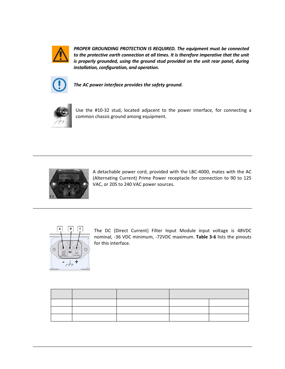 1 chassis ground interface, 2 chassis power interfaces, Ac prime power connector | 2 dc filter input module | Comtech EF Data LBC-4000 User Manual | Page 45 / 142