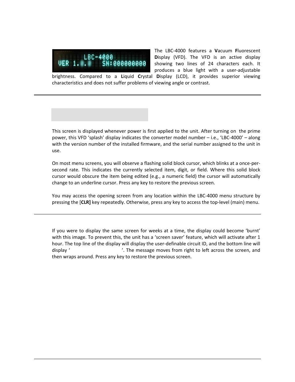 4 vacuum fluorescent display (vfd), 1 opening screen, 2 screen saver | Comtech EF Data LBC-4000 User Manual | Page 60 / 142