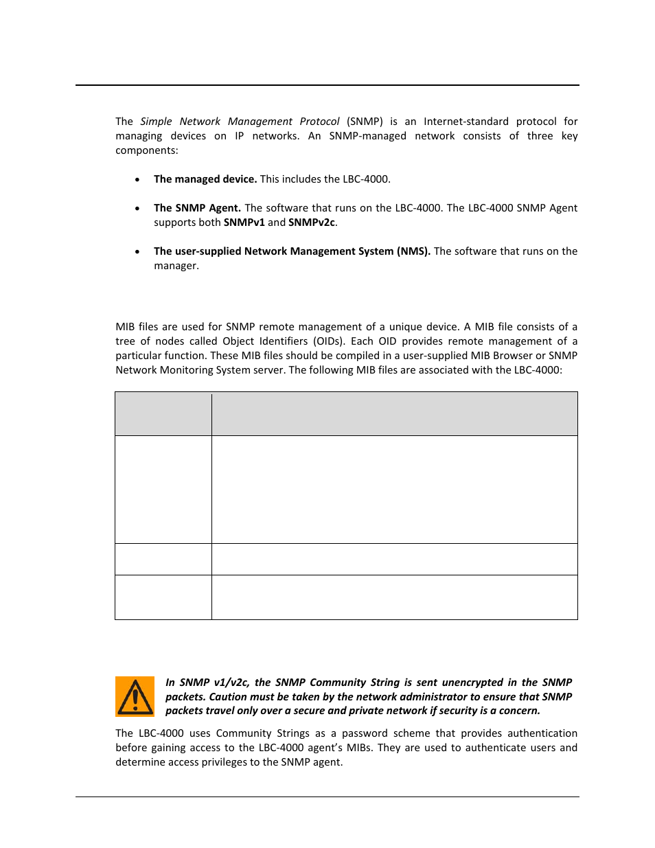 2 snmp interface, 1 management information base (mib) files, 2 snmp community strings | Comtech EF Data LBC-4000 User Manual | Page 79 / 142