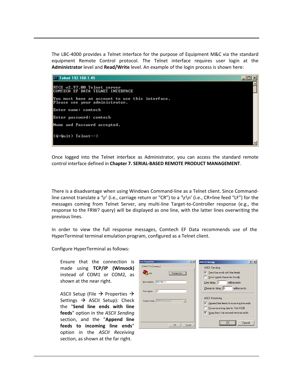 3 telnet interface, 1 telnet operation via hyperterminal | Comtech EF Data LBC-4000 User Manual | Page 81 / 142