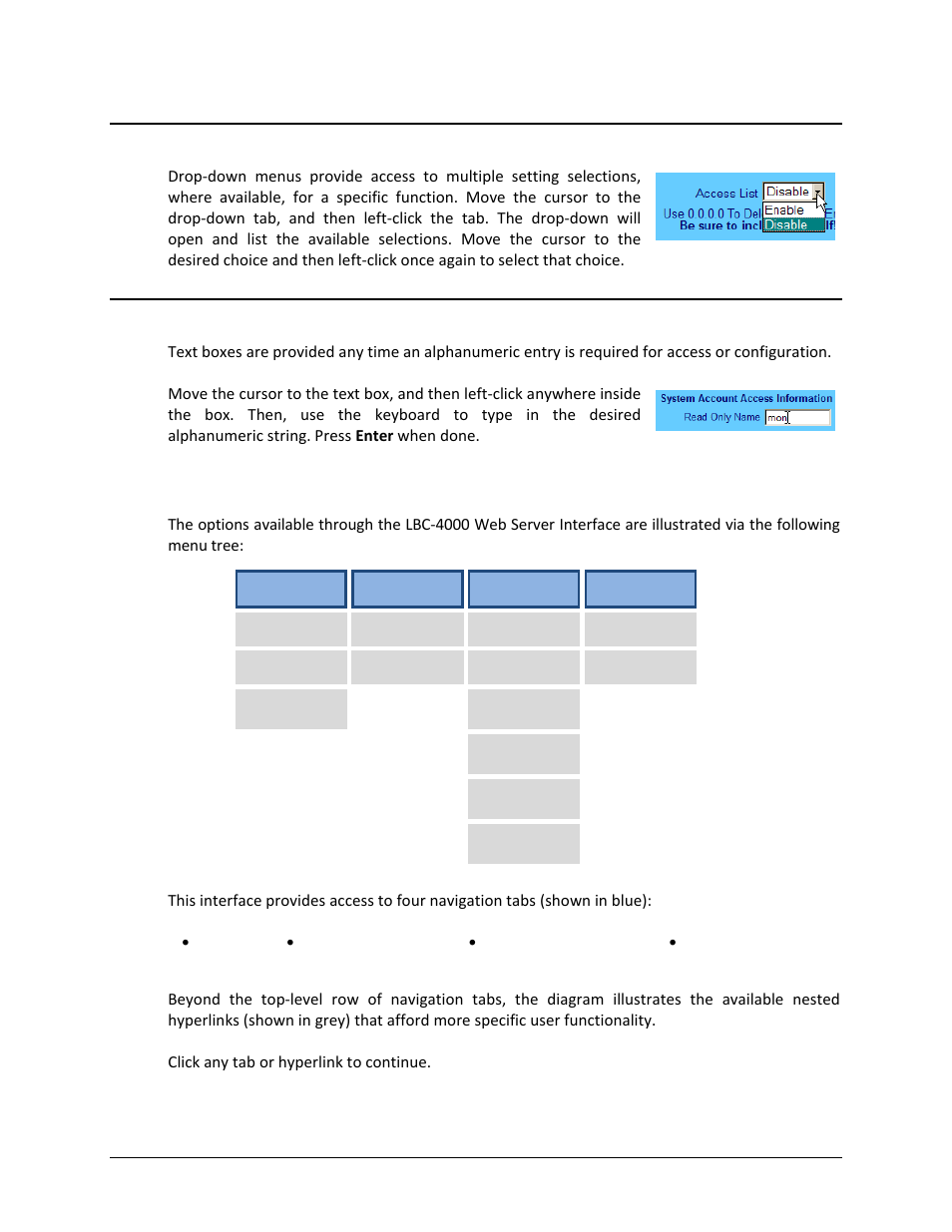 4 feature selection, 5 text or data entry, 4 web server interface – menu tree | Comtech EF Data LBC-4000 User Manual | Page 86 / 142