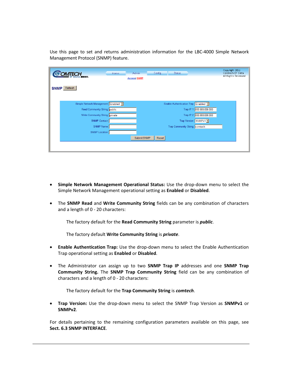 2 admin | snmp | Comtech EF Data LBC-4000 User Manual | Page 92 / 142