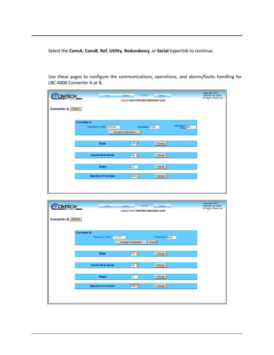 1 config | conva / conv b, 3 config pages | Comtech EF Data LBC-4000 User Manual | Page 94 / 142