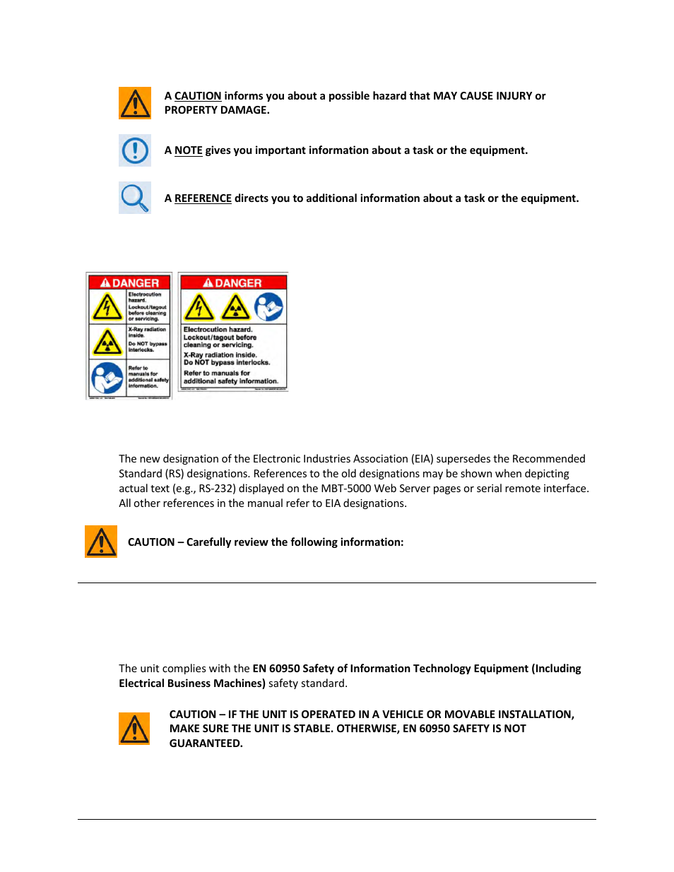 Examples of multi-hazard notices, Recommended standard designations, Safety and compliance | Electrical safety and compliance | Comtech EF Data MBT-5000 User Manual | Page 12 / 140