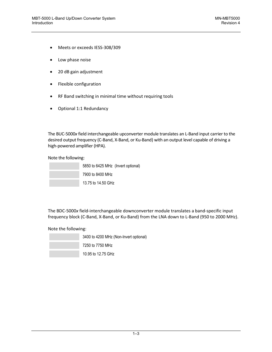 3 features, 1 block upconverter (buc-5000x), 2 block downcoverter (bdc-5000x) | Comtech EF Data MBT-5000 User Manual | Page 21 / 140