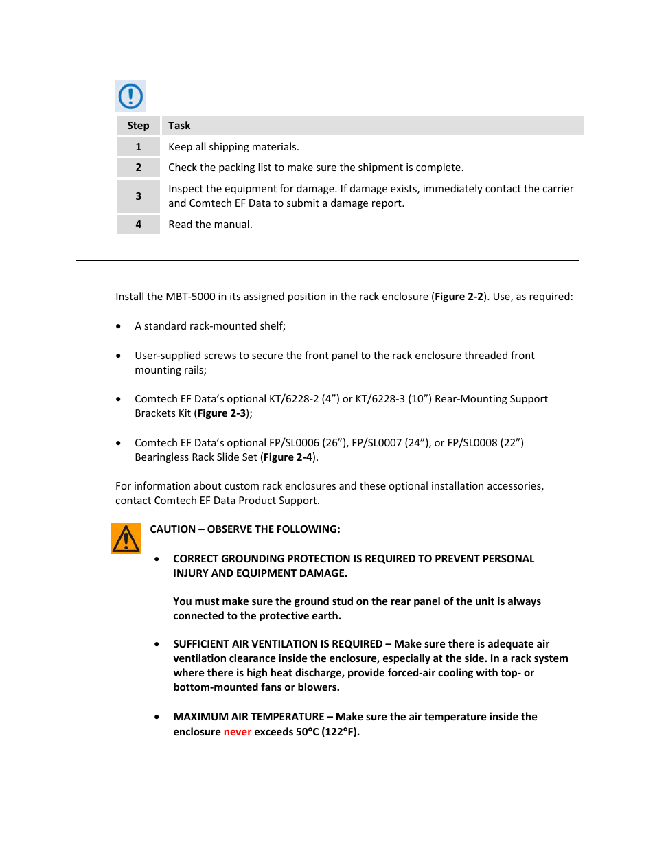 2 install the unit into a rack enclosure | Comtech EF Data MBT-5000 User Manual | Page 28 / 140