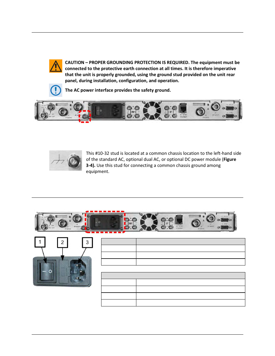 3 mbt-5000 ground and power connections, 1 chassis ground interface, 2 alternating current (ac) power interfaces | Comtech EF Data MBT-5000 User Manual | Page 42 / 140