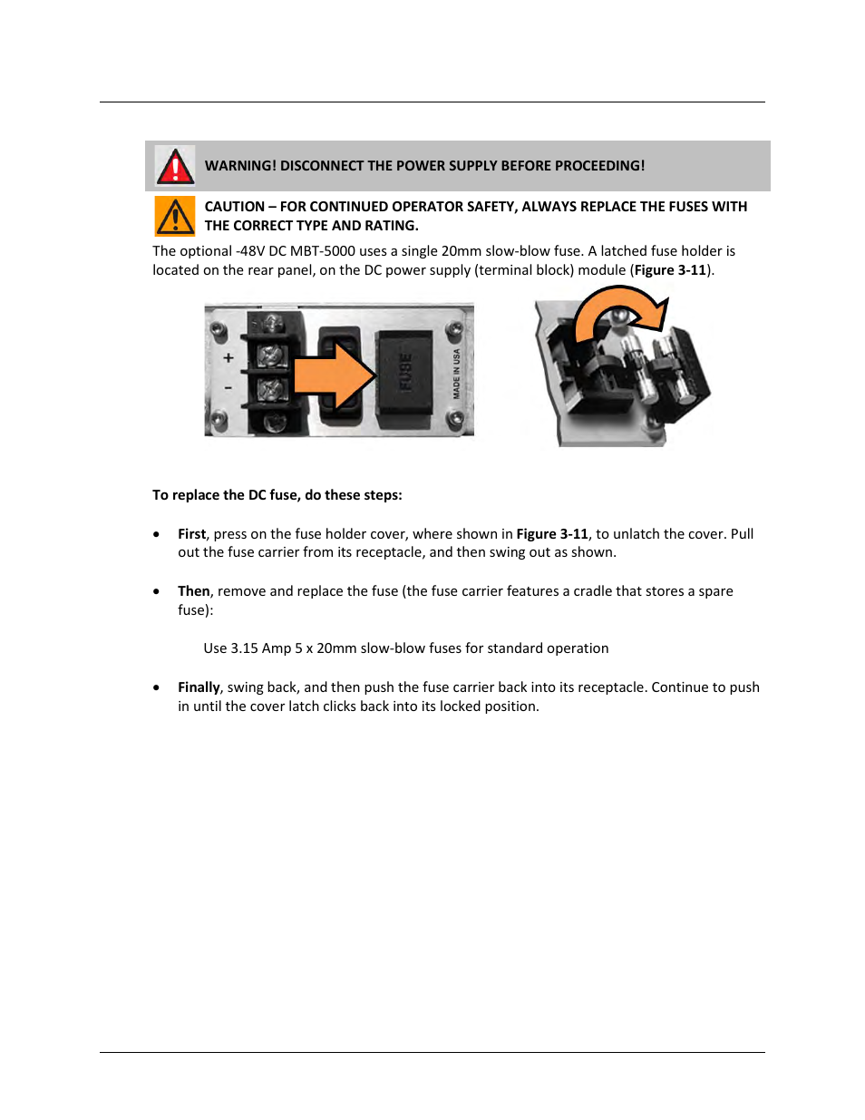 2 optional -48v dc operation – replace the fuse | Comtech EF Data MBT-5000 User Manual | Page 46 / 140