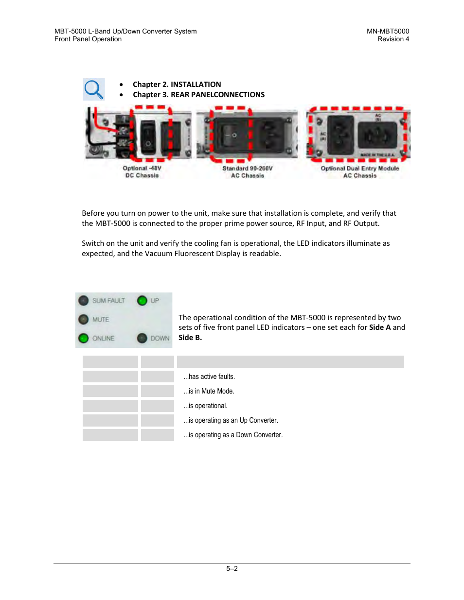 1 switch power on (rear panel), 2 led indicators | Comtech EF Data MBT-5000 User Manual | Page 58 / 140