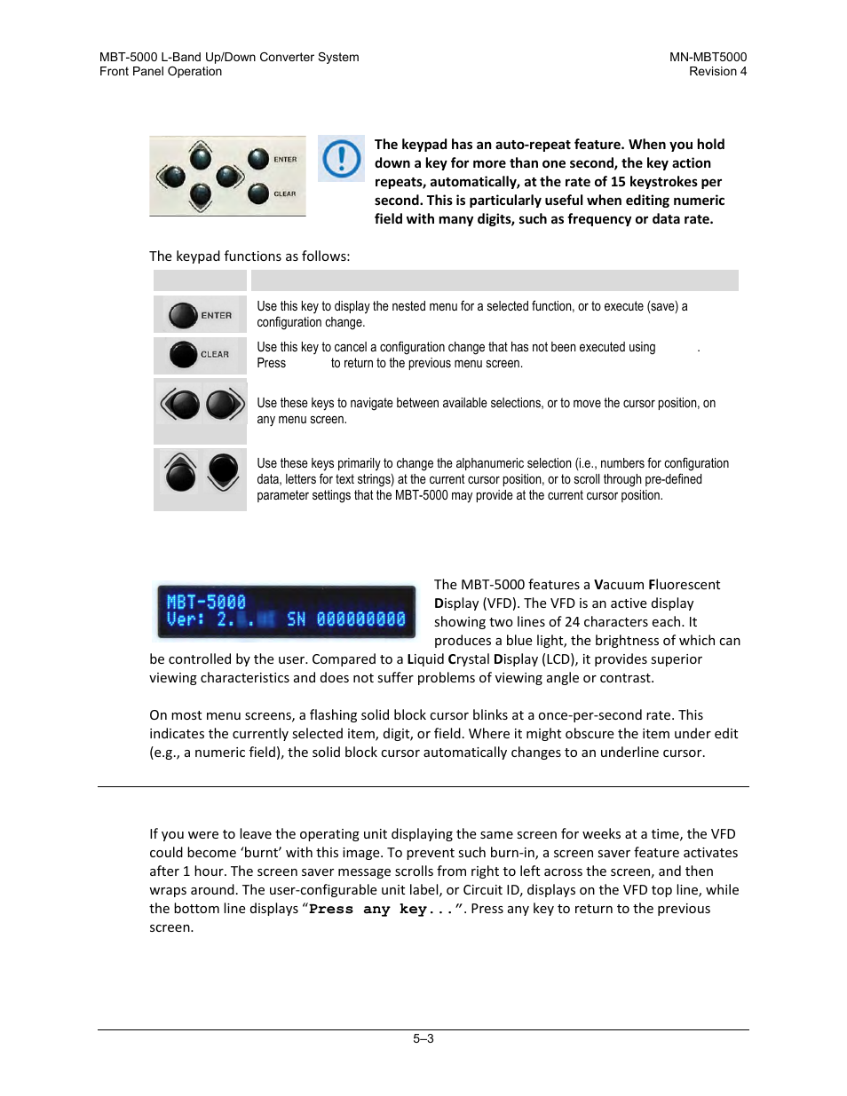 3 keypad, 4 vacuum fluorescent display (vfd), 1 screen saver | Comtech EF Data MBT-5000 User Manual | Page 59 / 140