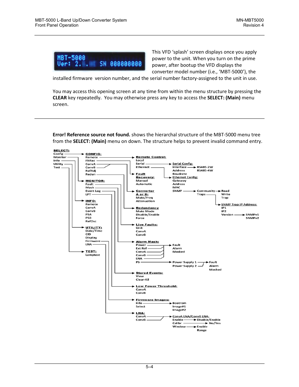 2 opening screen, 2 front panel operation | Comtech EF Data MBT-5000 User Manual | Page 60 / 140