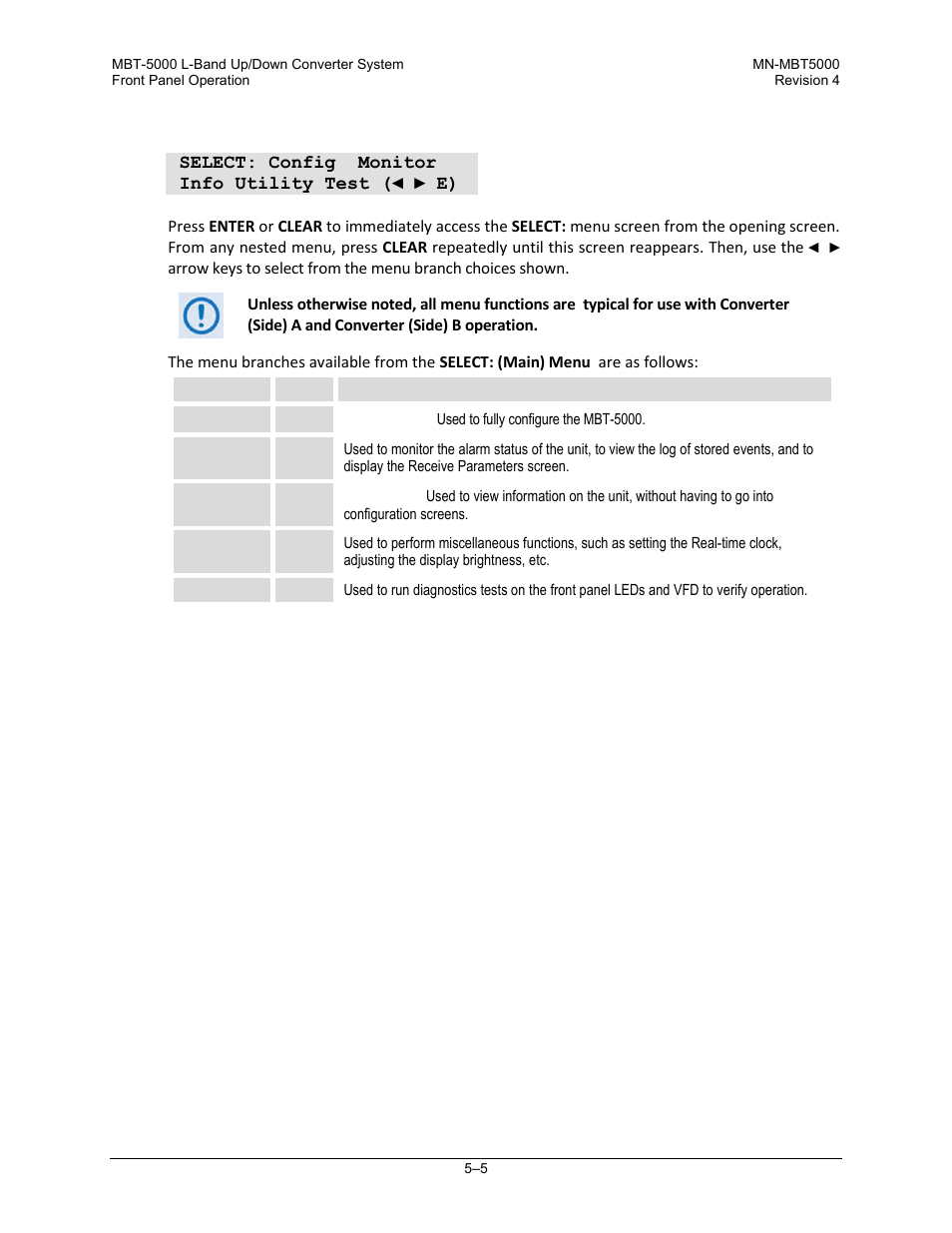 1 select: (main) menu | Comtech EF Data MBT-5000 User Manual | Page 61 / 140