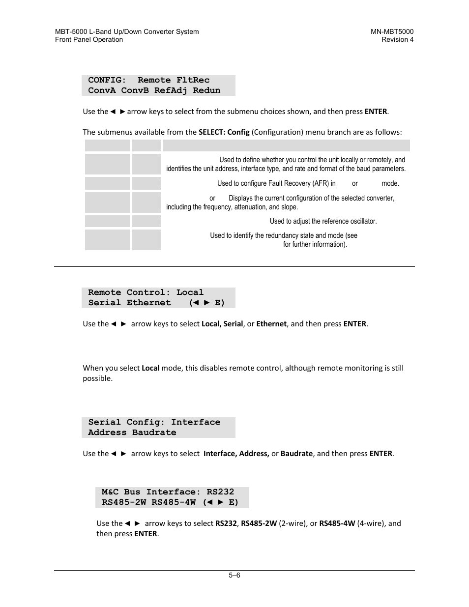 2 select: config (configuration) menu branches, 1 config: remote (remote control) menus, 1 remote control: local | 2 remote control: serial | Comtech EF Data MBT-5000 User Manual | Page 62 / 140