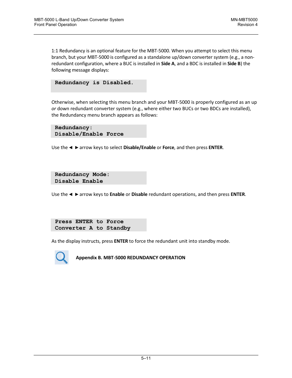 5 config: redun (redundancy) menus, 1 redundancy mode: disable/enable, 2 redundancy mode: force | Comtech EF Data MBT-5000 User Manual | Page 67 / 140