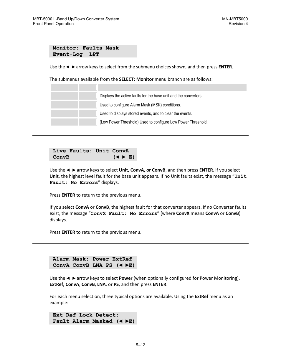 3 select: monitor menu branch, 1 monitor: faults, 2 monitor: mask | Comtech EF Data MBT-5000 User Manual | Page 68 / 140