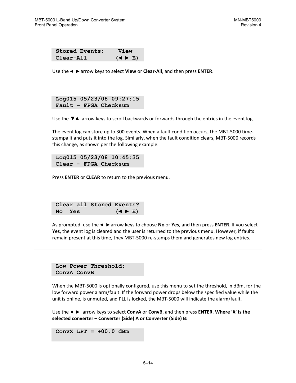 3 monitor: event-log (stored events), 1 stored events: view, 2 stored event: clear-all | 4 monitor: lpt (low power threshold) | Comtech EF Data MBT-5000 User Manual | Page 70 / 140