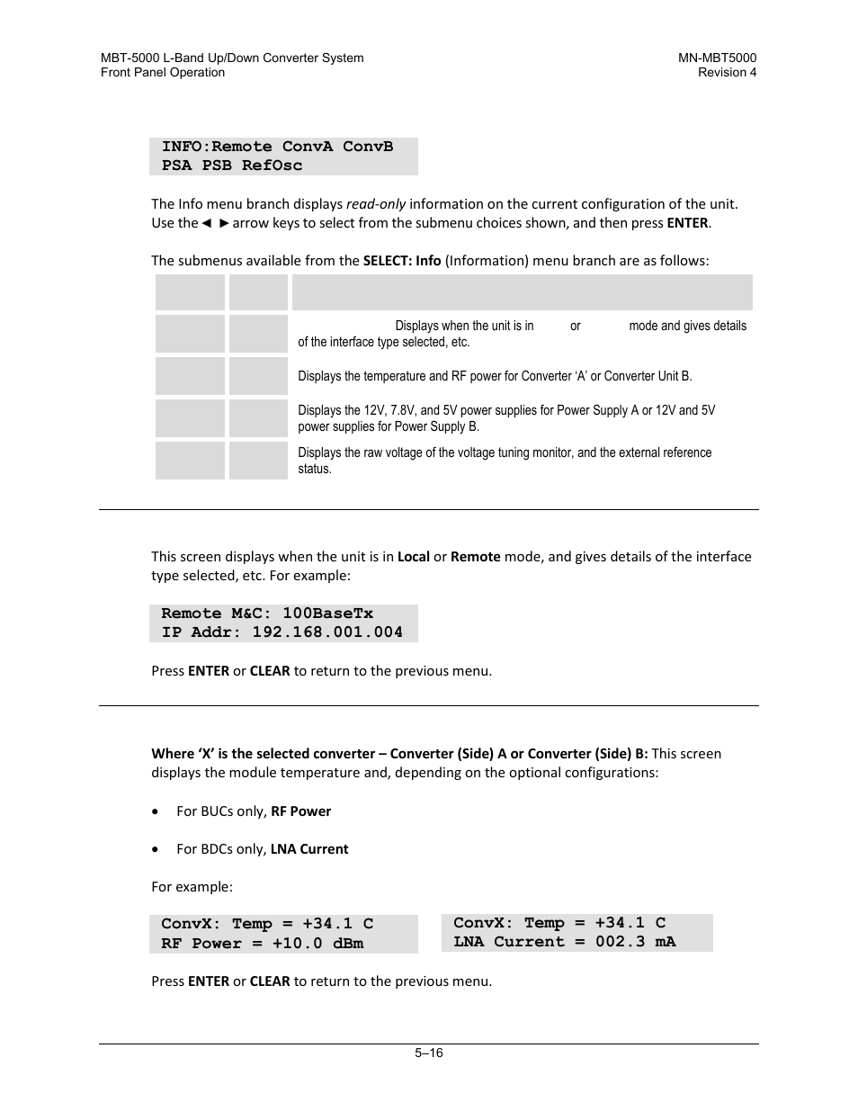 4 select: info (information) menu branch, 1 info: remote (remote control) | Comtech EF Data MBT-5000 User Manual | Page 72 / 140