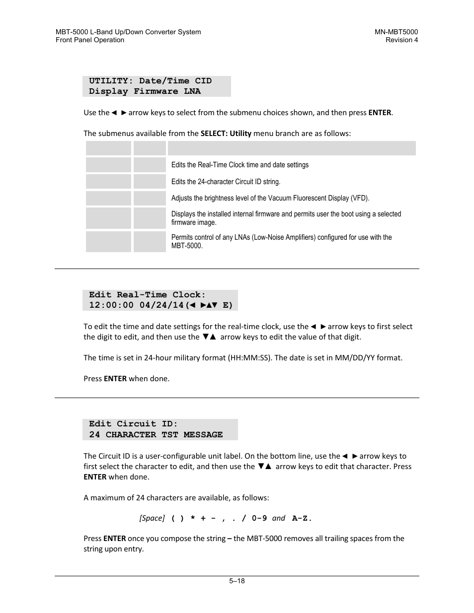 5 select: utility menu branch, 1 utility: date/time (set real-time clock), 2 utility: cid (circuit id) | Comtech EF Data MBT-5000 User Manual | Page 74 / 140