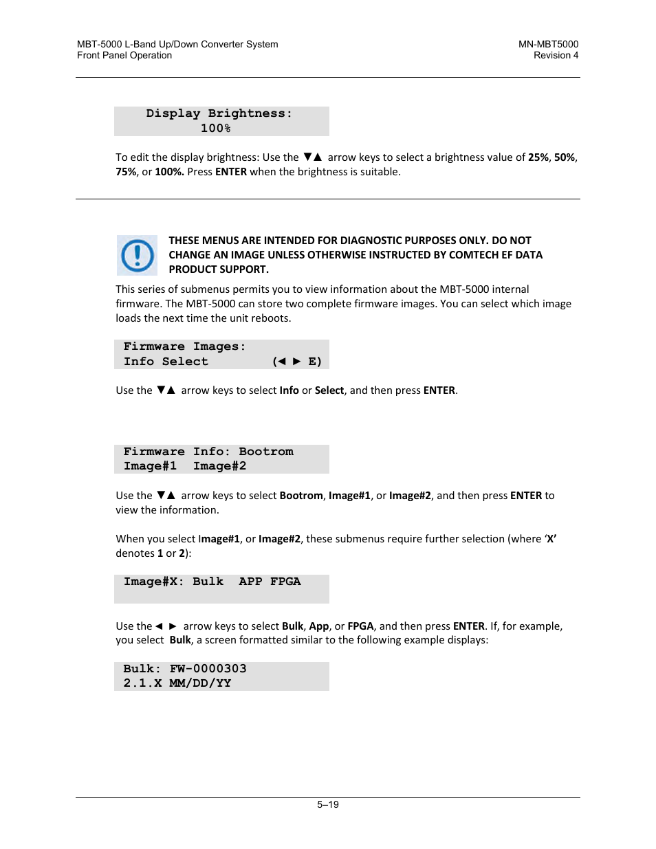 3 utility: display (vfd display brightness), 4 utility: firmware, 1 firmware images: info | Comtech EF Data MBT-5000 User Manual | Page 75 / 140