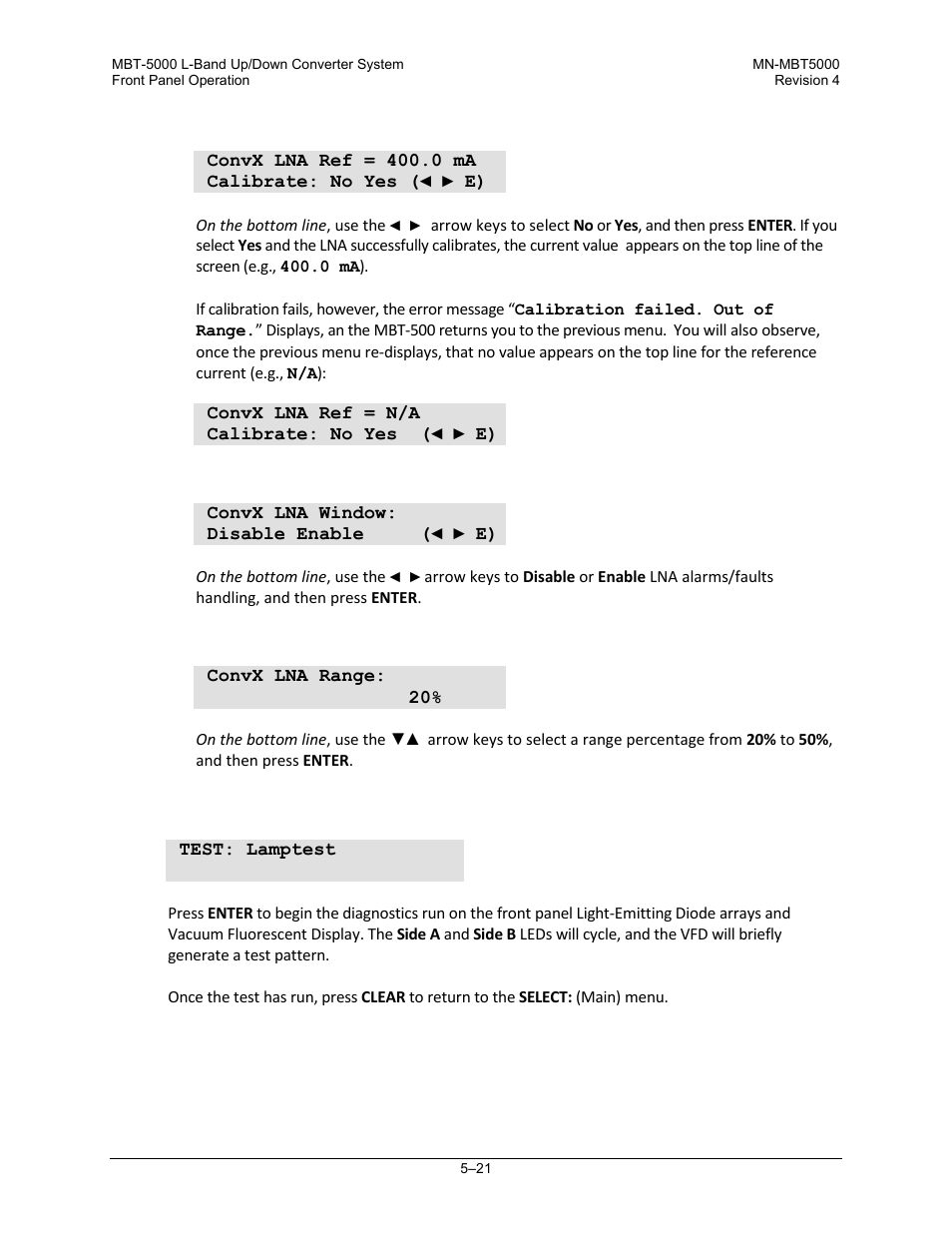 6 select: test menu branch | Comtech EF Data MBT-5000 User Manual | Page 77 / 140