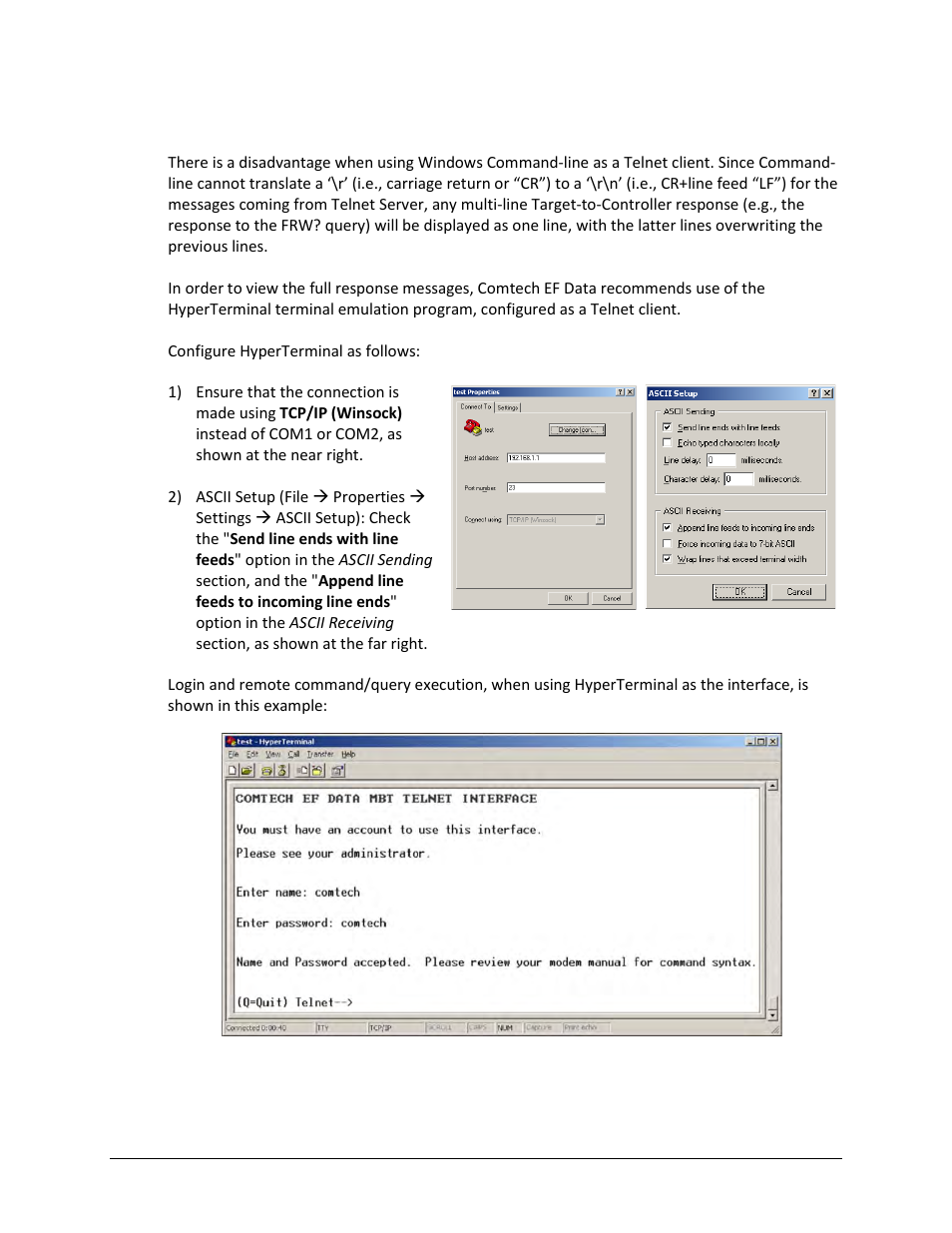 1 telnet operation via hyperterminal | Comtech EF Data MBT-5000 User Manual | Page 84 / 140