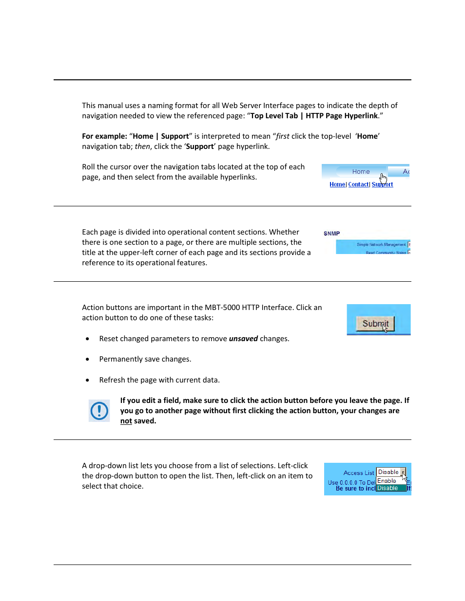 3 web server interface – operational features, 1 navigation, 3 action buttons | 4 drop-down lists | Comtech EF Data MBT-5000 User Manual | Page 87 / 140