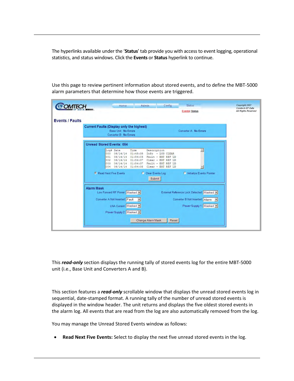 1 status | events | Comtech EF Data MBT-5000 User Manual | Page 98 / 140