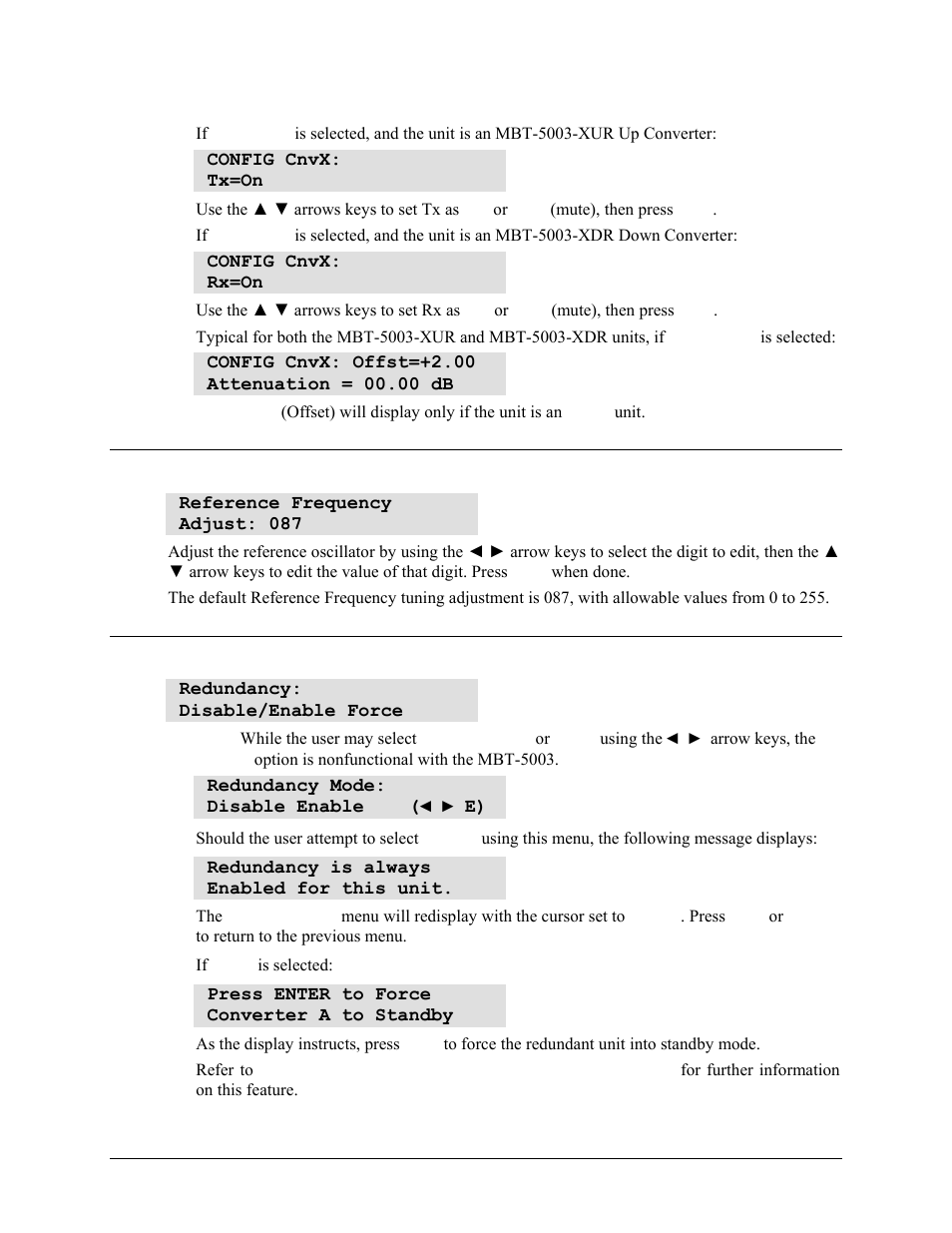 4 config: refadj (reference oscillator adjustment), 5 config: redun (redundancy) | Comtech EF Data MBT-5003 User Manual | Page 50 / 98