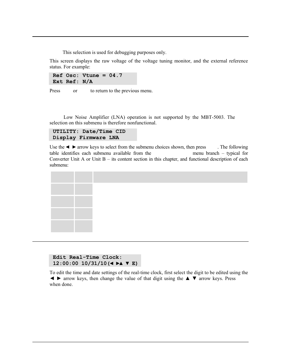 4 info: refosc (reference oscillator), 4 select: utility, 1 utility: date/time (set real-time clock) | Comtech EF Data MBT-5003 User Manual | Page 54 / 98
