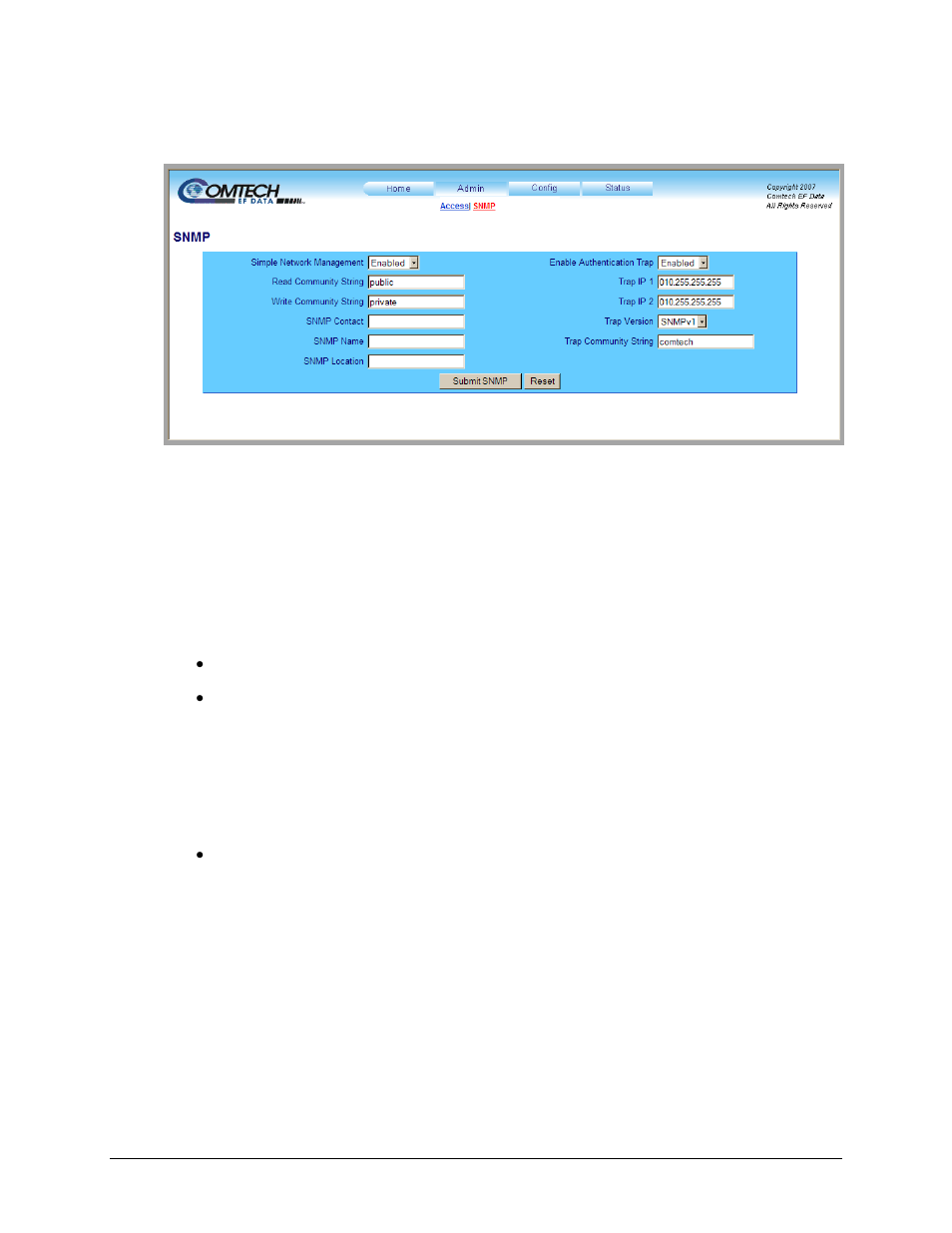 2 admin | snmp | Comtech EF Data MBT-5003 User Manual | Page 69 / 98