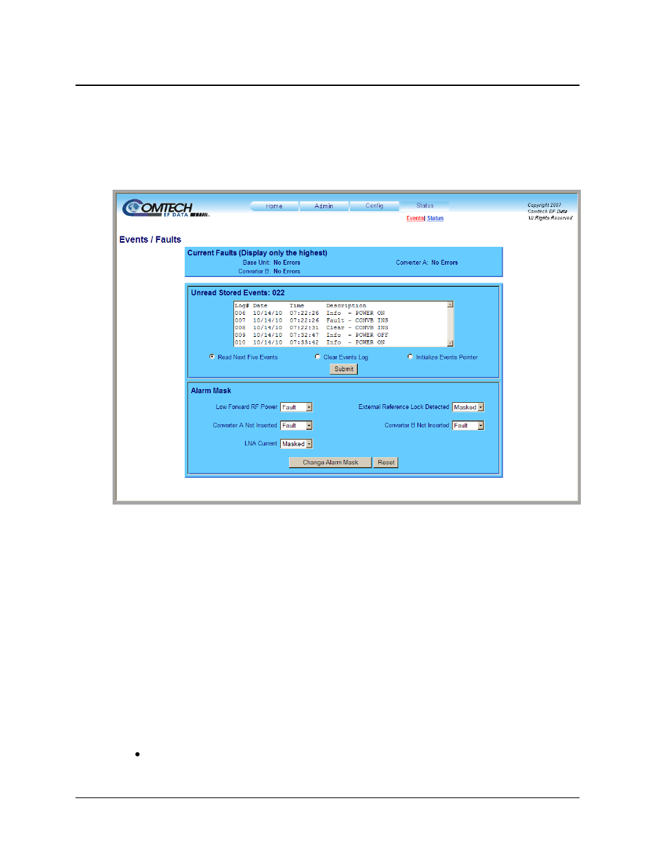 1 status | events | Comtech EF Data MBT-5003 User Manual | Page 74 / 98