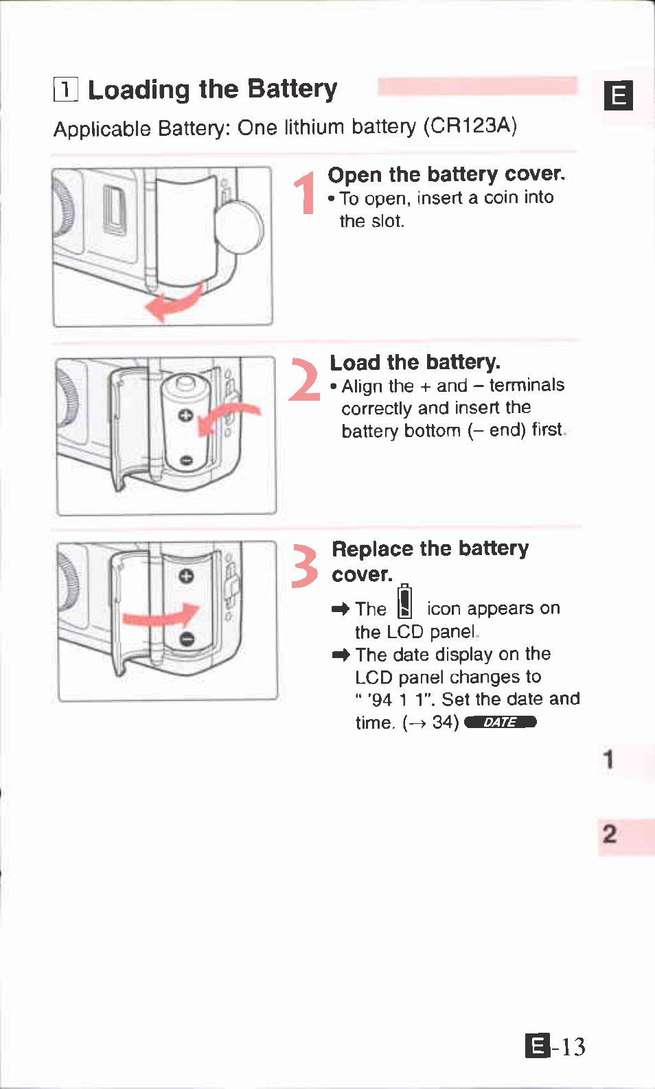 D] loading the battery, Open the battery cover, Load the battery | E loading the battery | Canon ZOOM76 User Manual | Page 11 / 40