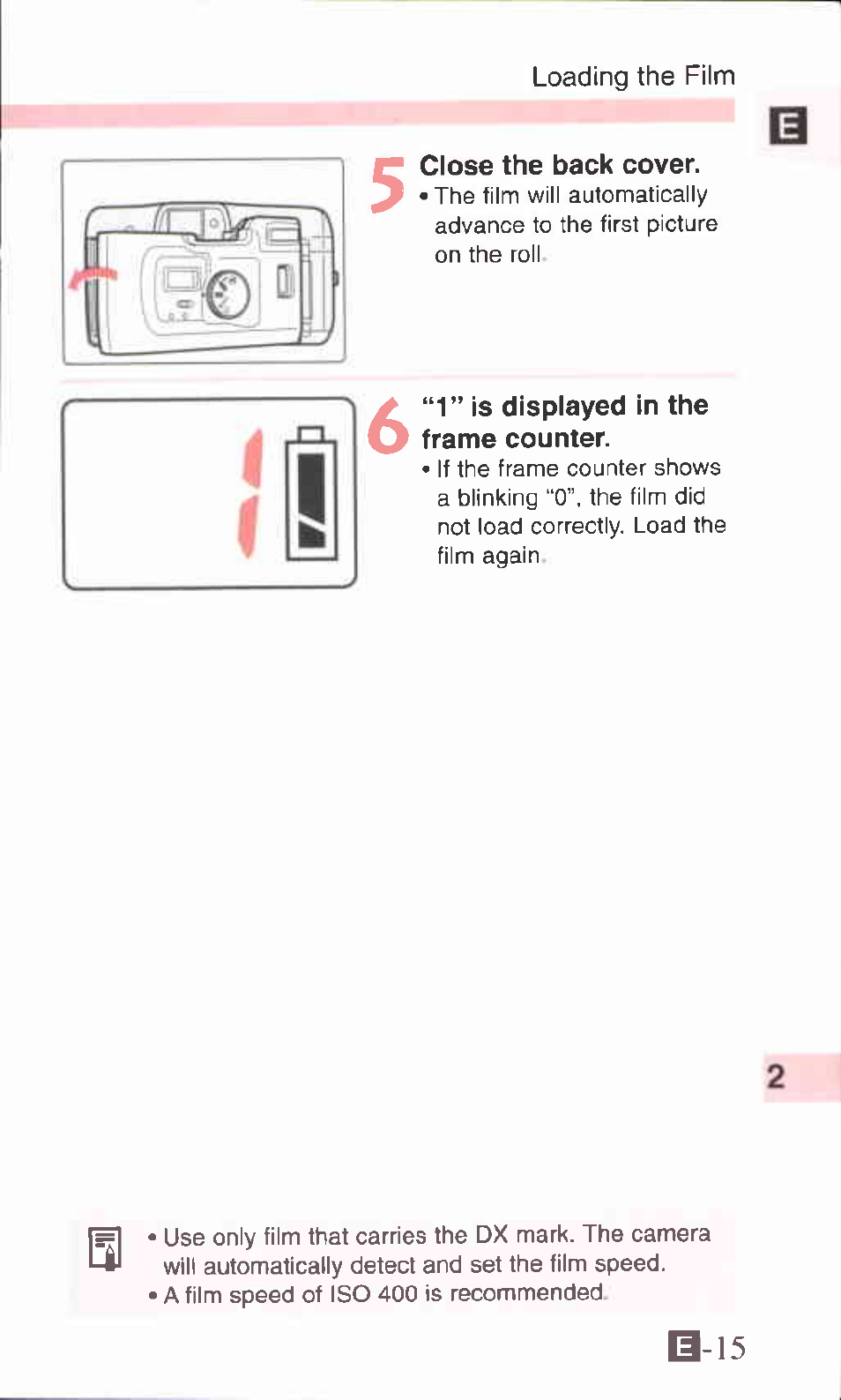 Close the back cover, 1” is displayed in the frame counter, B 15 | Canon ZOOM76 User Manual | Page 13 / 40