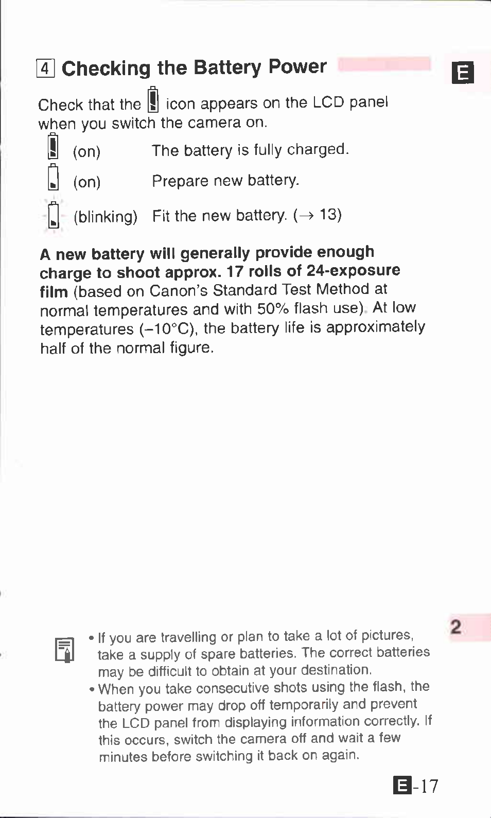 H checking the battery power 0 | Canon ZOOM76 User Manual | Page 15 / 40
