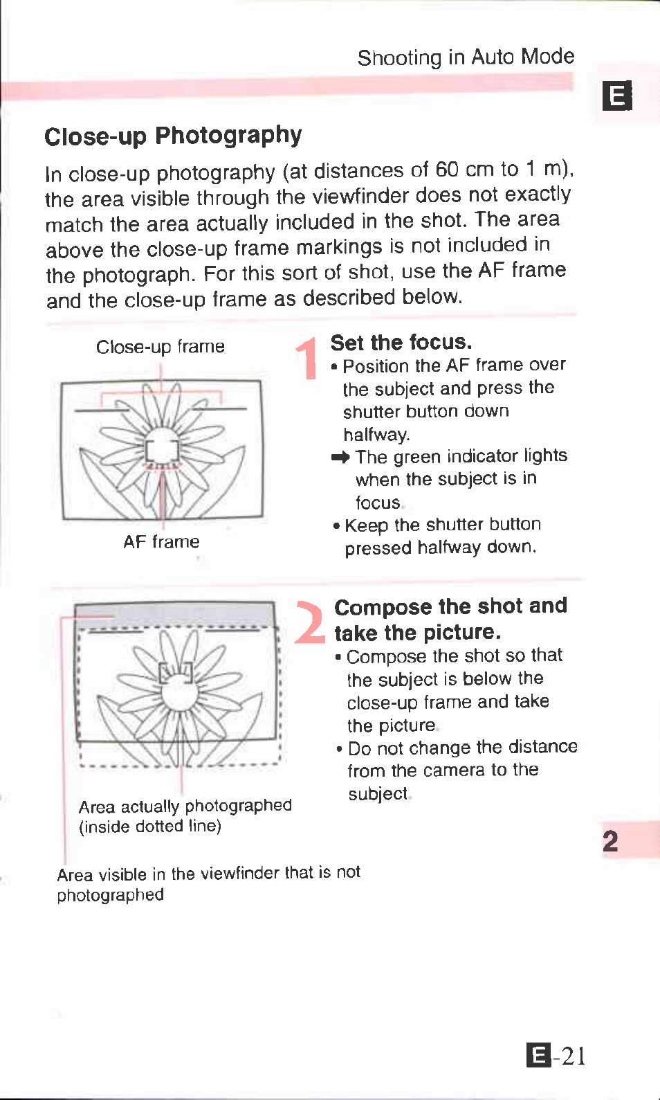 Close-up photography, Set the focus, Compose the shot and take the picture | Canon ZOOM76 User Manual | Page 19 / 40
