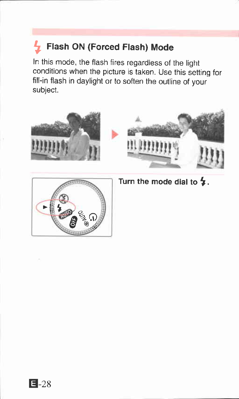 Flash on (forced flash) mode, Turn the mode dial to | Canon ZOOM76 User Manual | Page 26 / 40