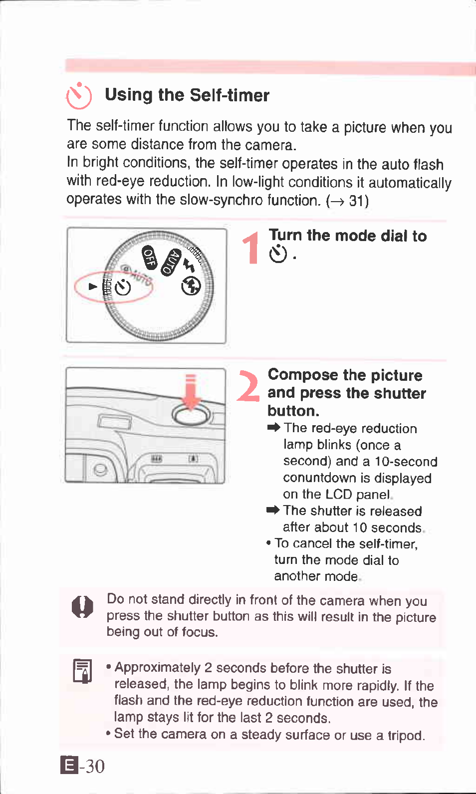 Using the self-timer, Turn the mode dial to 0, 0 using the self-timer | B-30 | Canon ZOOM76 User Manual | Page 28 / 40