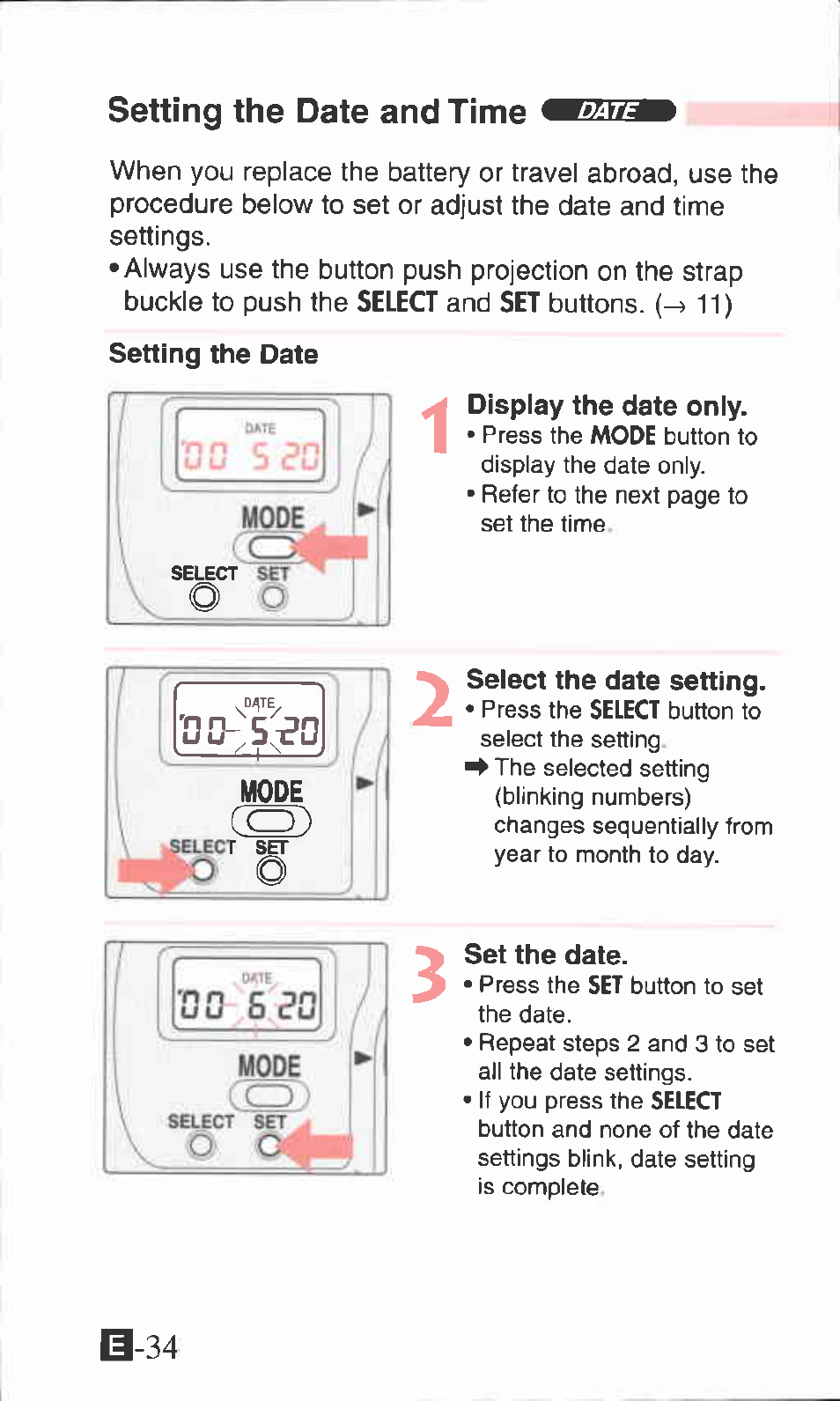 Select the date setting, Set the date, Setting the date and time | B-34 | Canon ZOOM76 User Manual | Page 32 / 40