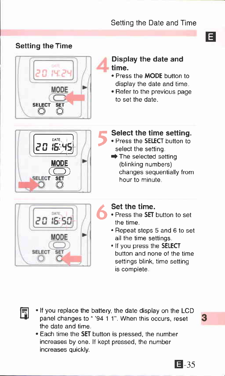 Setting the time, Dispiay the date and time, Seiect the time setting | Set the time | Canon ZOOM76 User Manual | Page 33 / 40