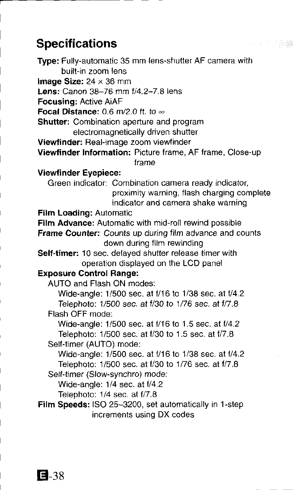 Specifications, B-38 | Canon ZOOM76 User Manual | Page 36 / 40