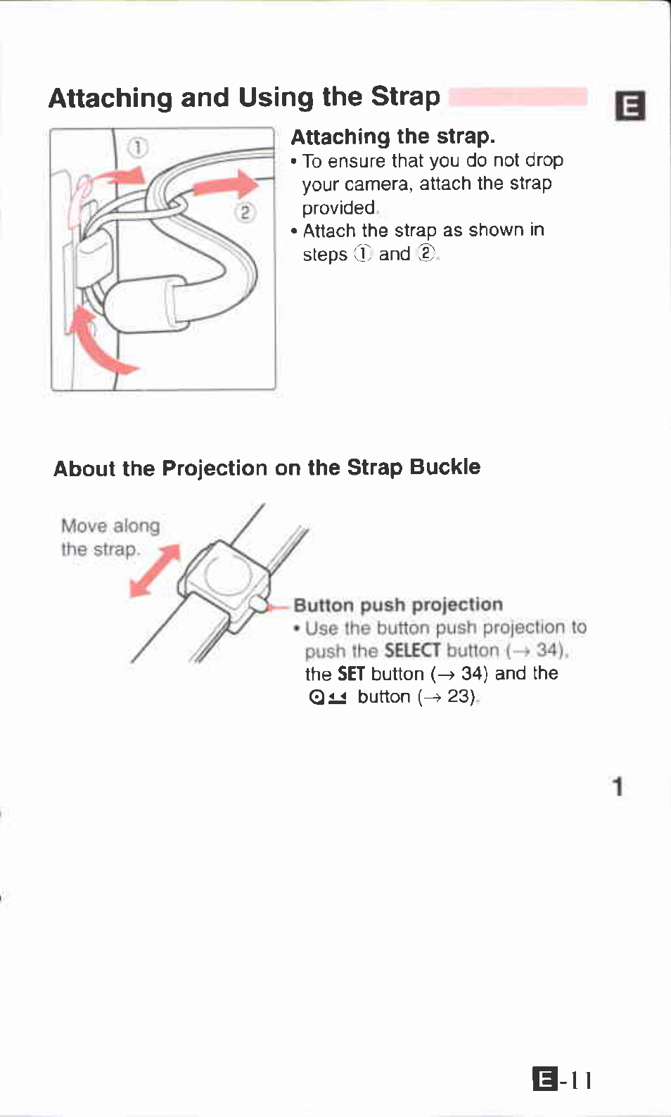 Attaching and using the strap, About the projection on the strap buckie, B - 1 1 | Canon ZOOM76 User Manual | Page 9 / 40