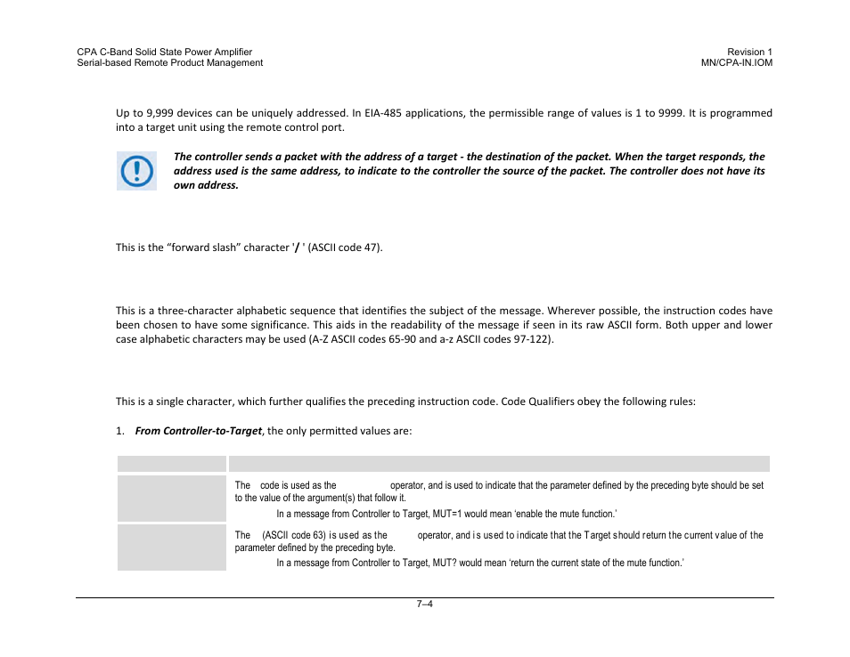 2 target address, 3 address delimiter, 4 instruction code | 5 instruction code qualifier | Comtech EF Data CPA User Manual | Page 104 / 138