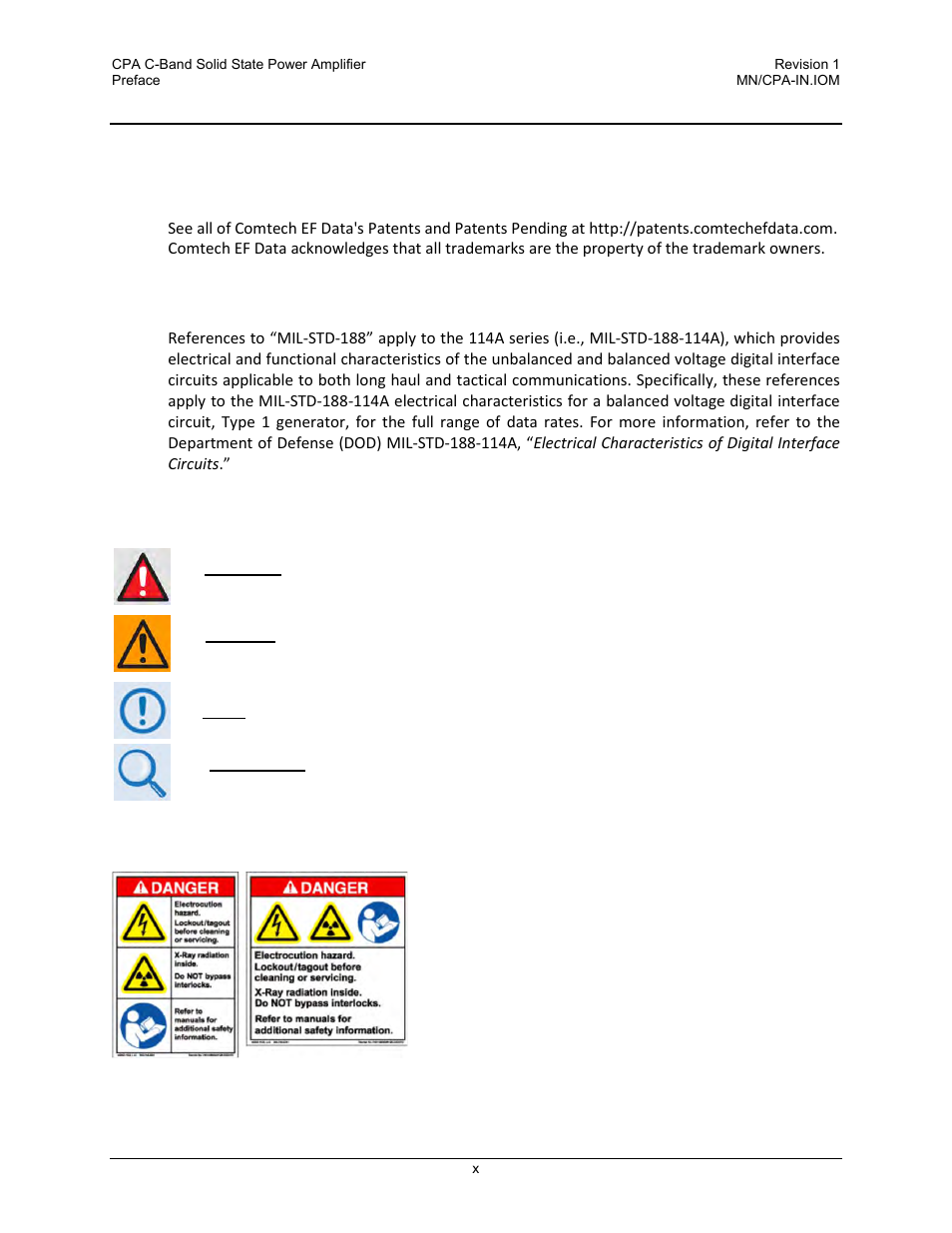 Conventions and references, Patents and trademarks, Military standards | Warnings, cautions, and notes, Examples of multi-hazard notices | Comtech EF Data CPA User Manual | Page 12 / 138