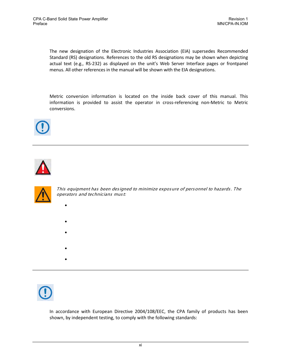 Recommended standard designations, Metric conversion, Safety and compliance | Electromagnetic compatibility (emc) compliance | Comtech EF Data CPA User Manual | Page 13 / 138