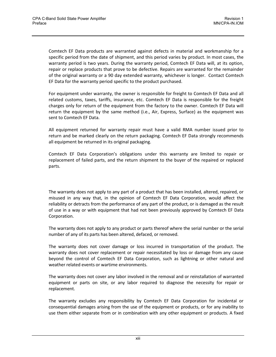Warranty policy, Limitations of warranty | Comtech EF Data CPA User Manual | Page 15 / 138