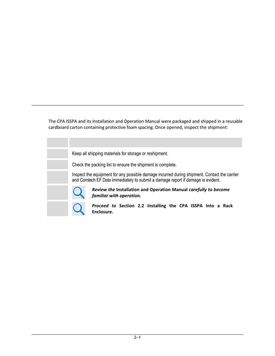 Chapter 2. installation, 1 unpacking and inspecting the cpa isspa | Comtech EF Data CPA User Manual | Page 29 / 138